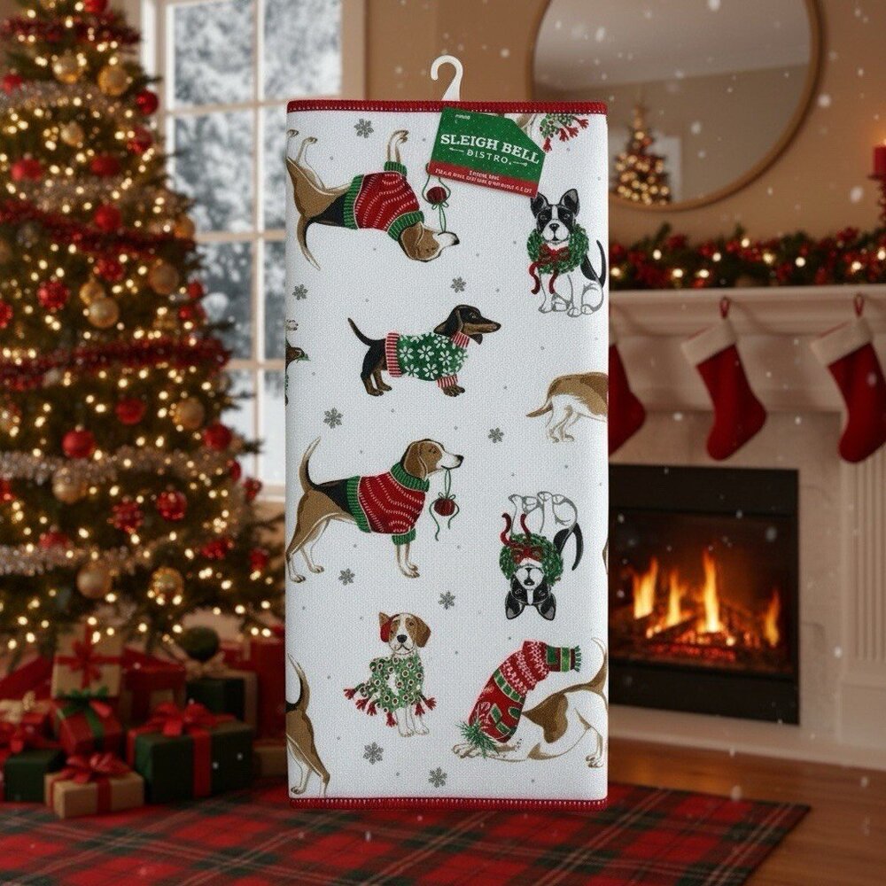 Sleigh Bell Bistro Cute Holiday Doggie Print Frenchie Lab Fabric Drying Mat